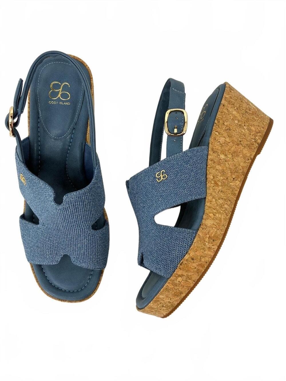 Cosy Island CorkLuxe H-Band Square Toe Blue Fabric Wedge Sandal Women's Size 7